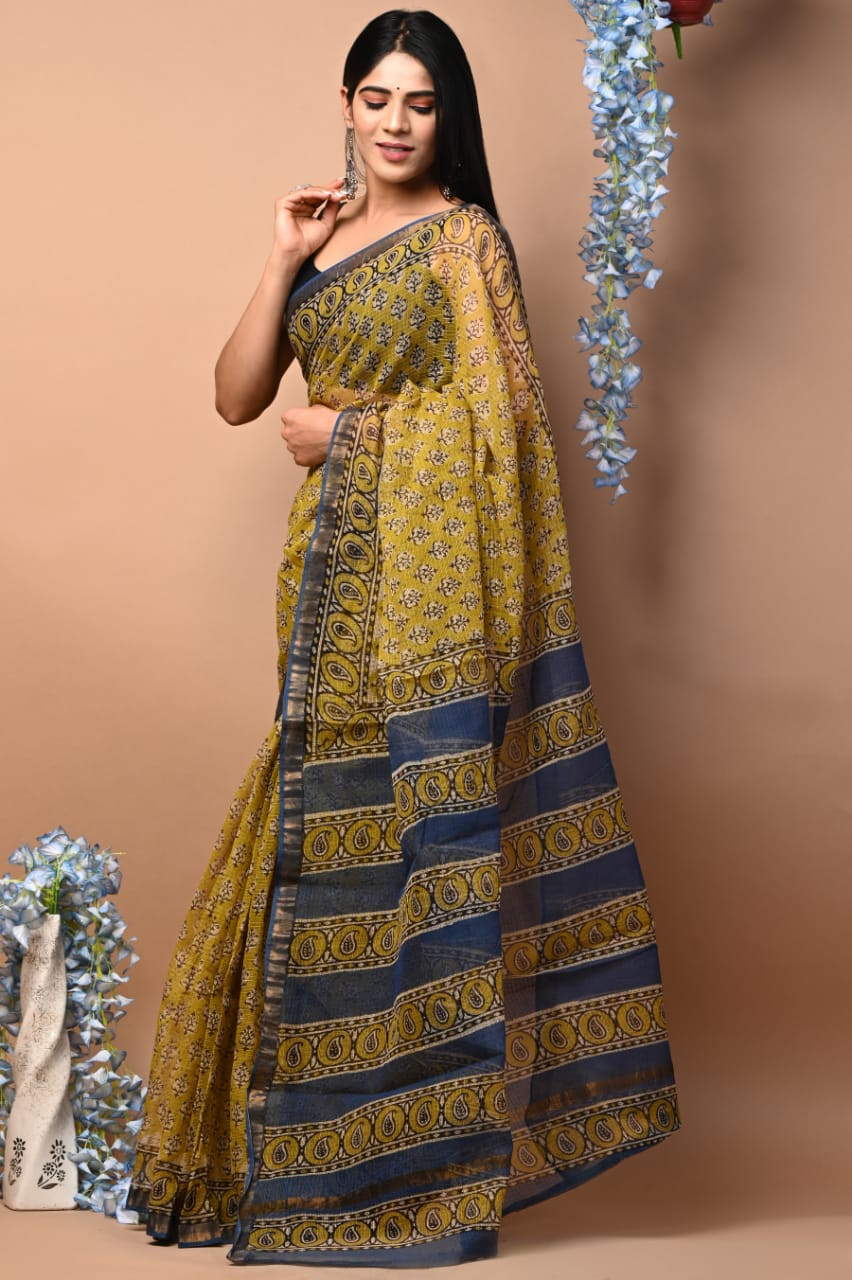 Yellow & Blue Kota Doria Saree Handmade Dabu/Bagru Hand Block Printed