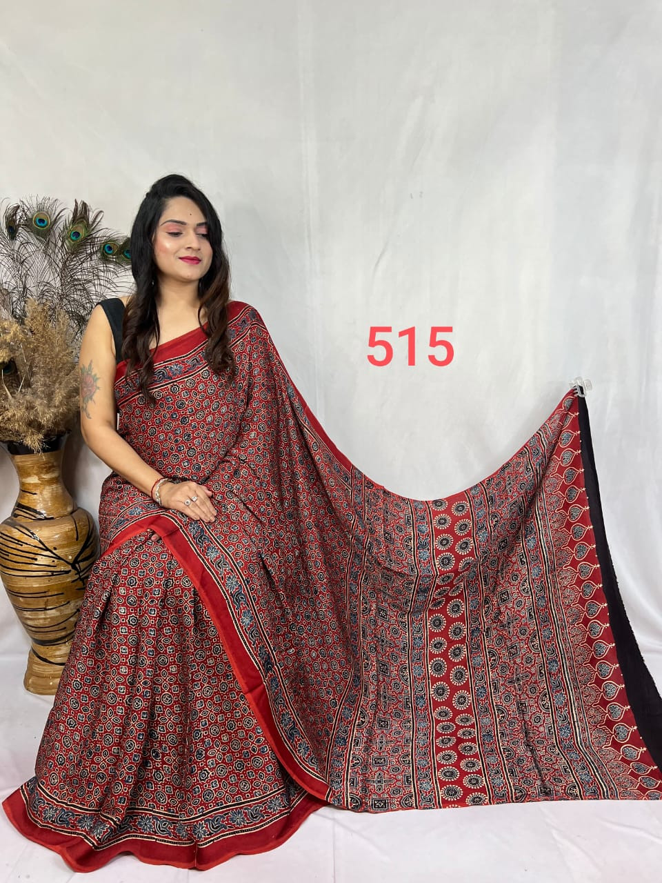 Red Ajrakh Hand Block Print Modal Silk Saree.