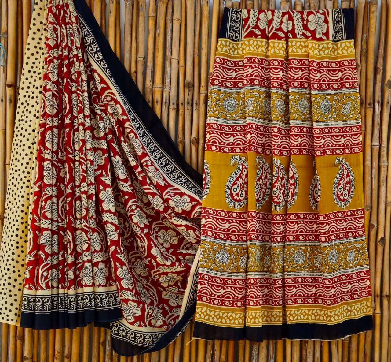 Red & Mustard Yellow Hand Block Printed 100% Pure Mulmul Cotton Saree (6.5 Mtrs, 92*80)