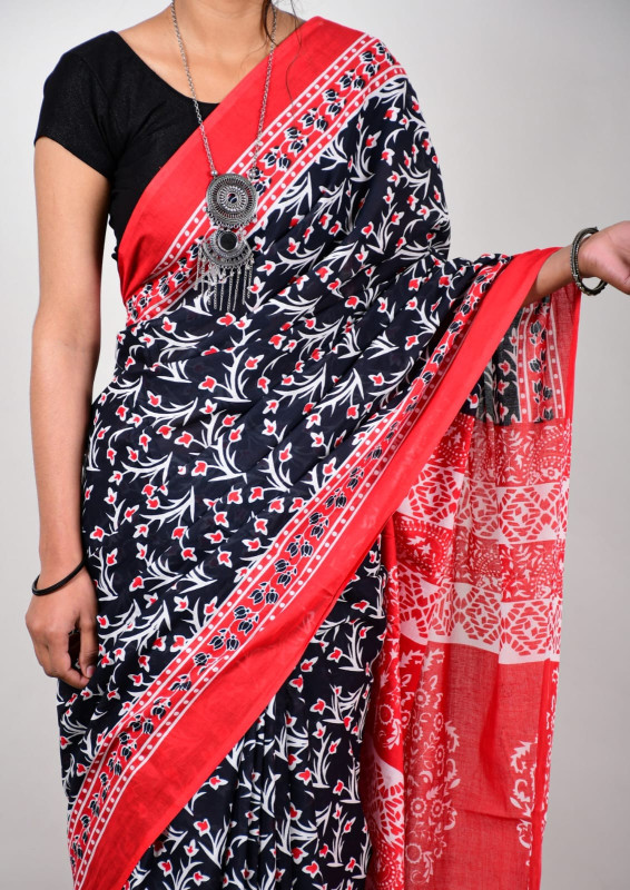 Black and Red Floral Cotton Mulmul Saree