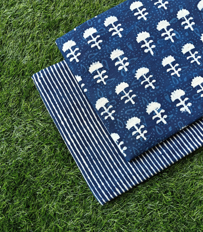 Indigo Blue 'Kamal & Stripe' Hand-Block Bagru Dabu Print Cotton (60/60) Cambric Suit Set – Top 2.50 MTR + Bottom 2.50 MTR