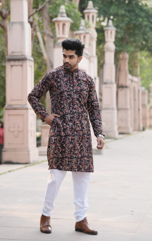 Black Floral Embroidered Kurta with White Pyjama