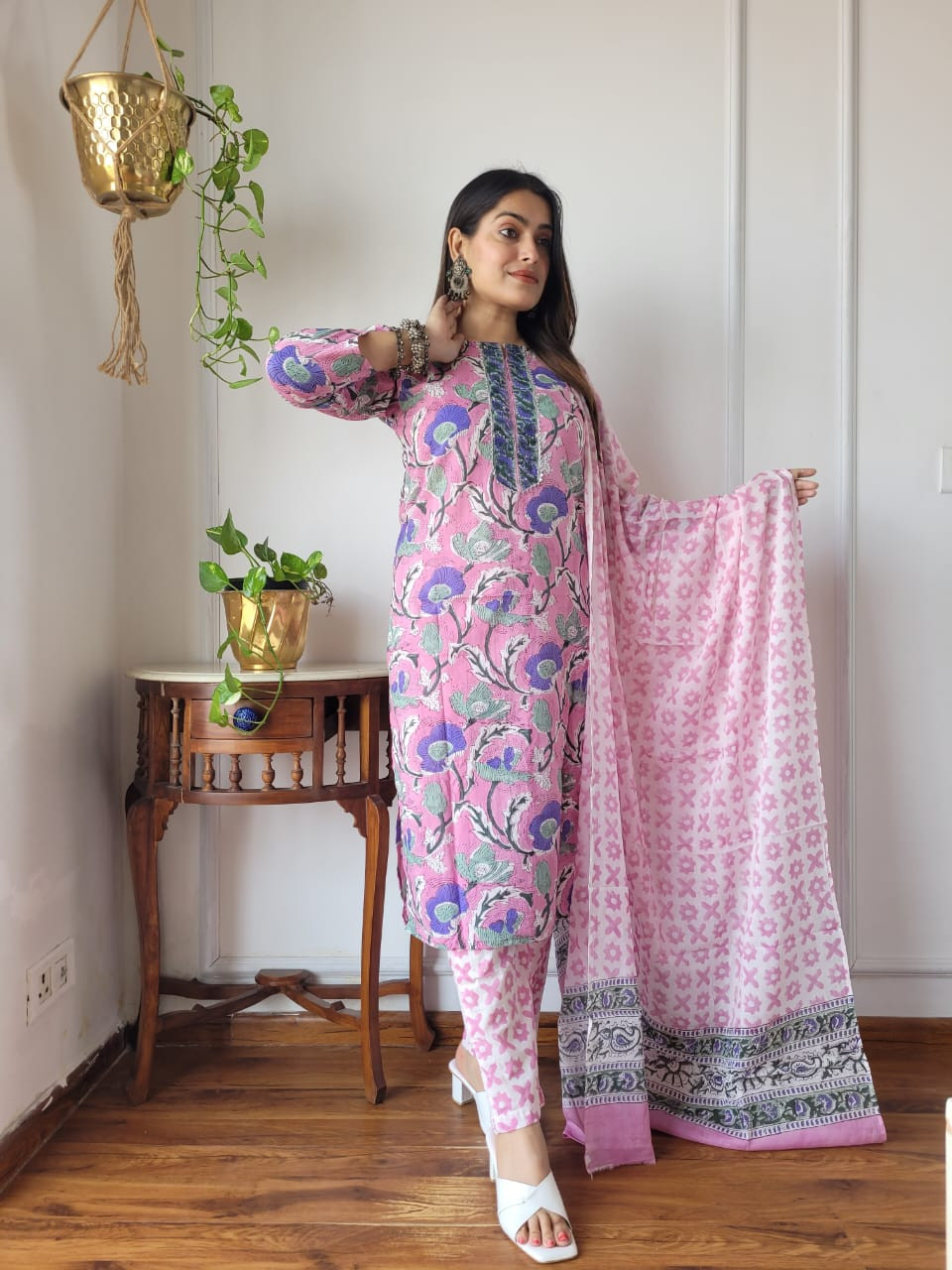 Rose Pink & Lavender Cotton Floral Print Suit Set