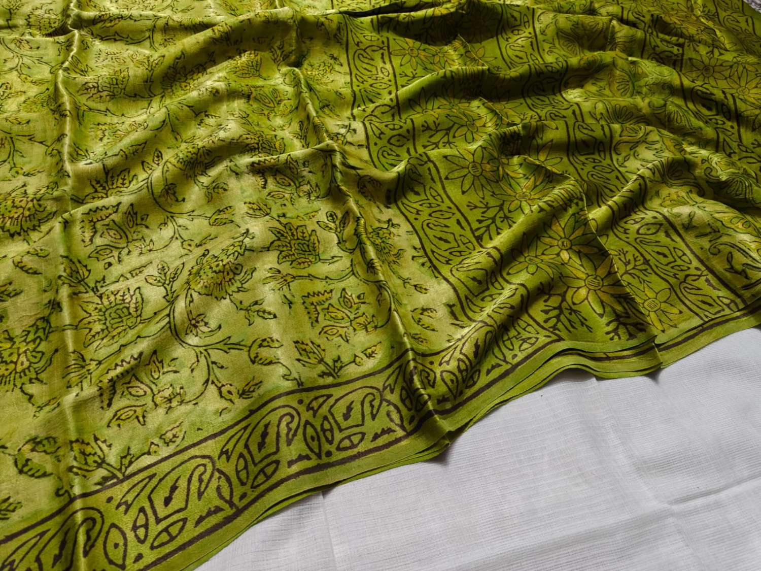 Olive Green  hand block print  ajrk vanaspati  Pure Modal Silk Sare  Importad Silk Fabric