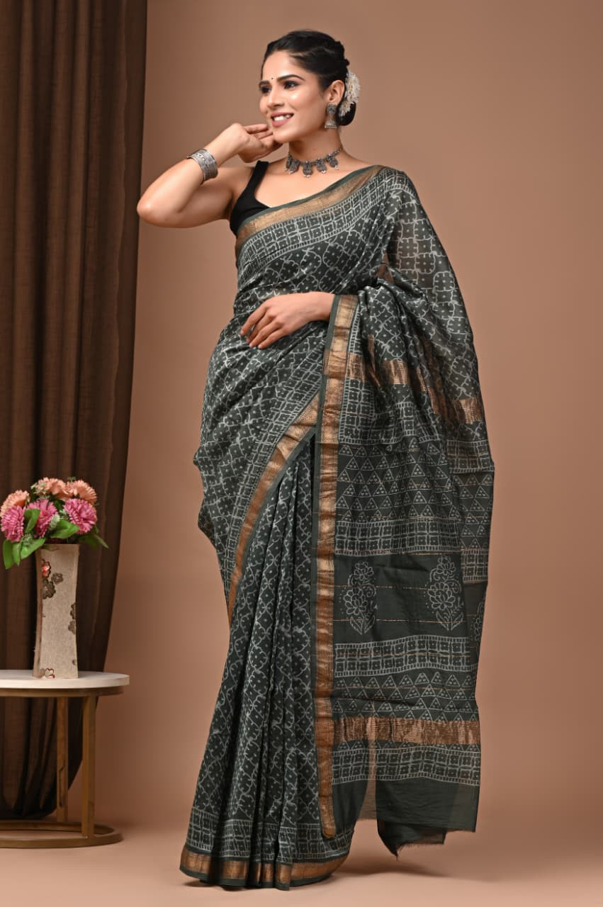 Charcoal Black Maheshwari Silk Saree with Gold Zari Border and Hand Block Print.