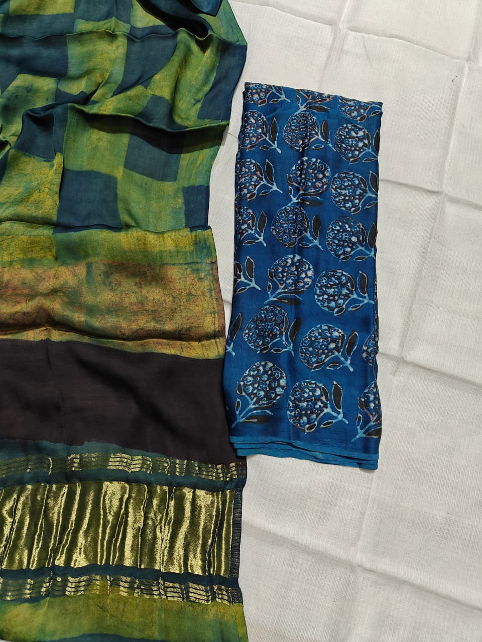 Indigo Blue & Green Ajrakh Hand-Block Printed Modal Silk Suit