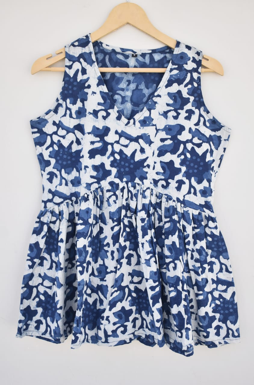 Blue and White Floral Hand Block Printed Cotton Sleeveless Peplum Top