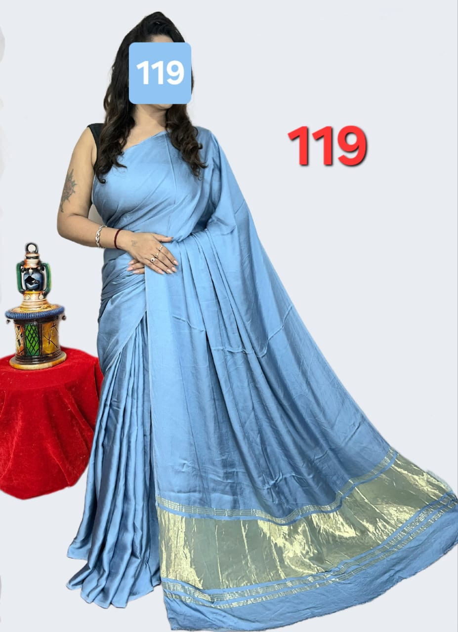 Sky Blue Satin Silk Saree with Contrast Silver-Gold Zari Border.