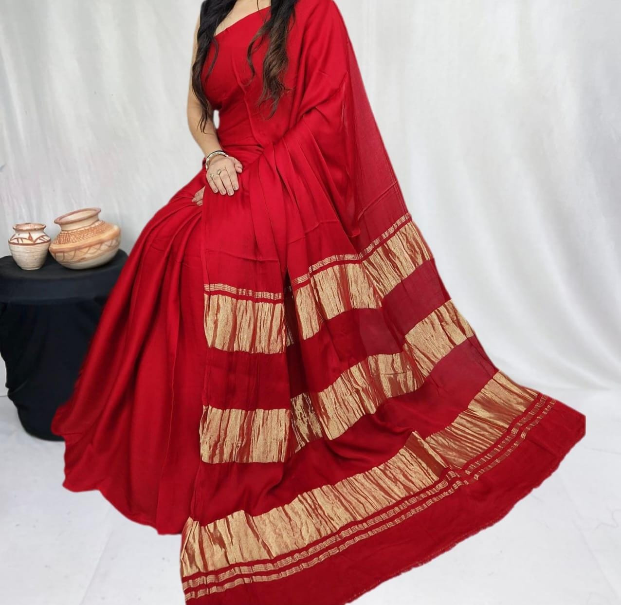 Red Pure Modal Silk Saree with 3 Lagdi Patta Tissue Pallu (Length-6.50 mtr with Width-46 inches)