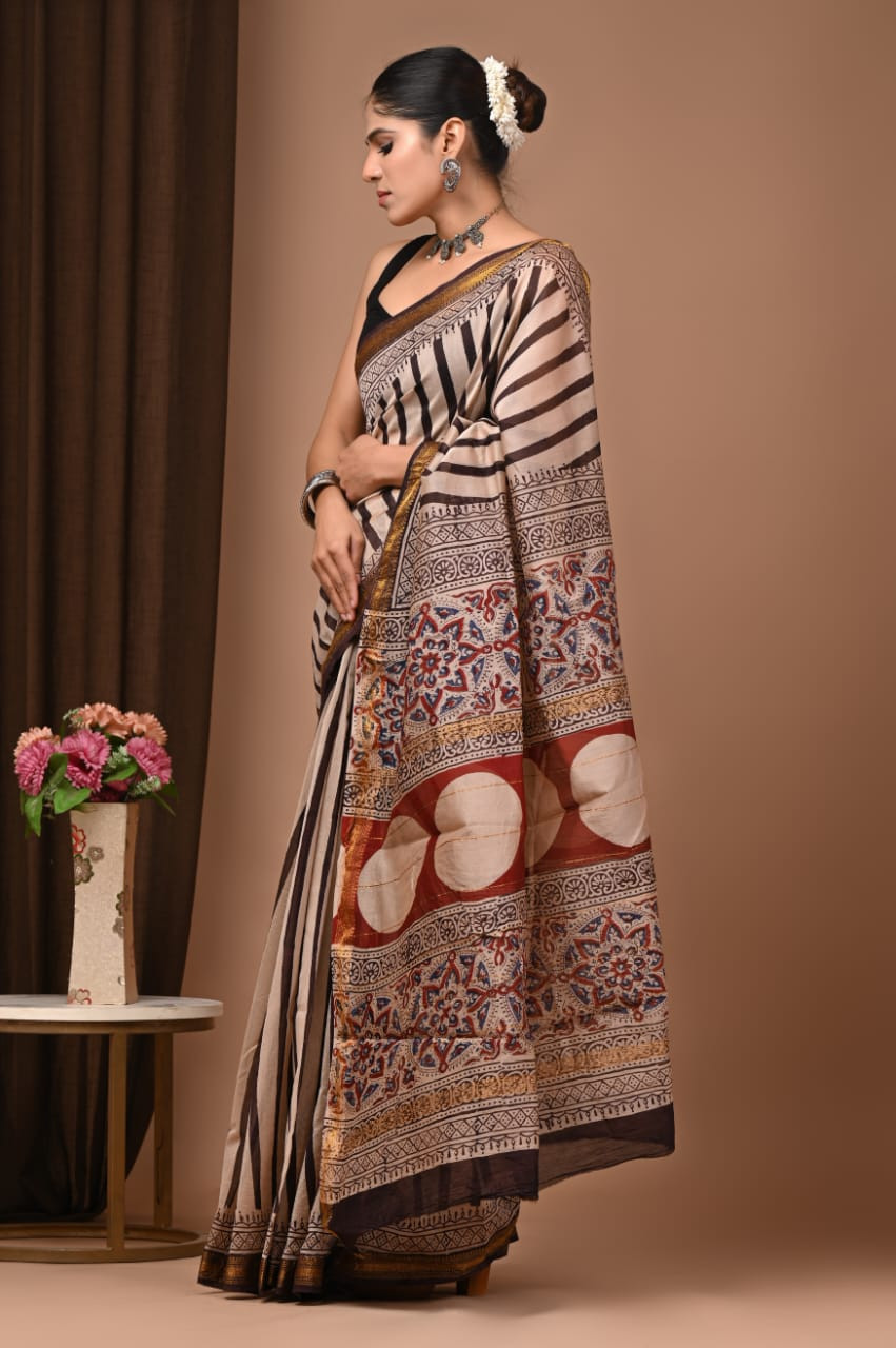 Beige and Black Hand Block Printed Silk Blend Saree