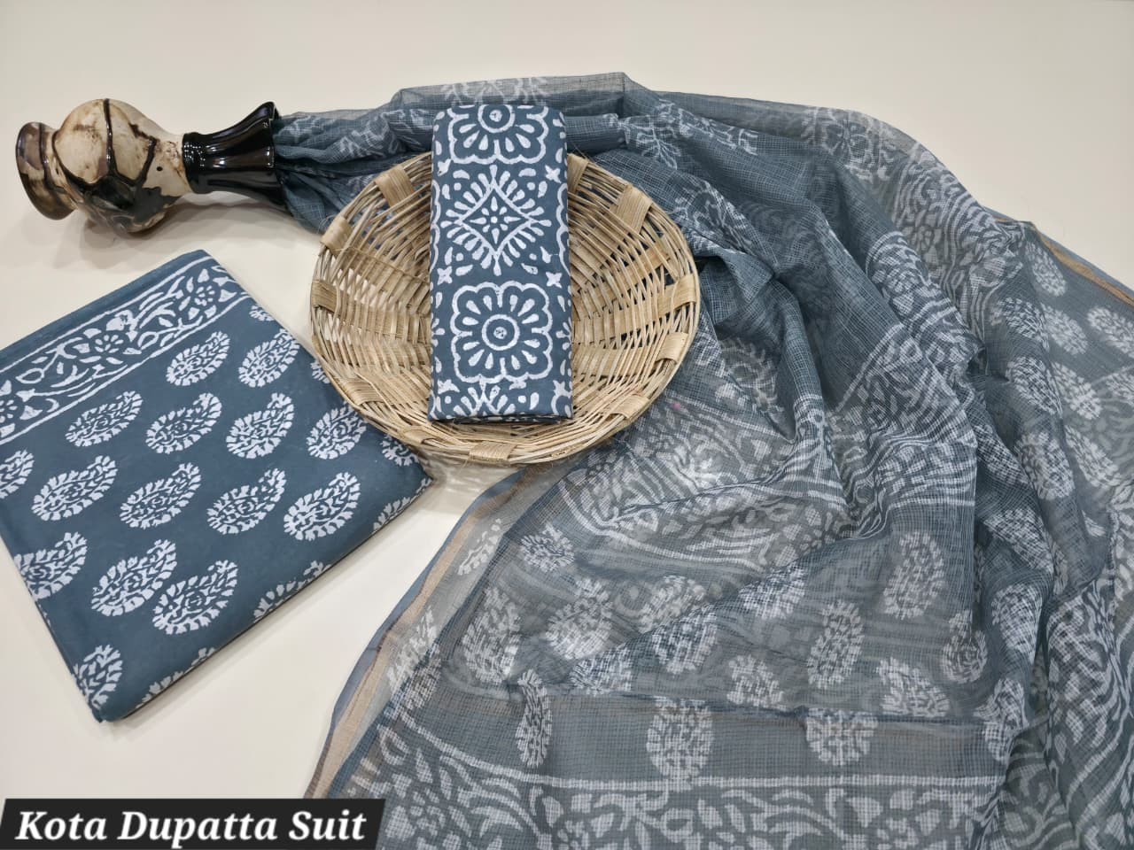 Grey and White Hand Block Print Cotton Suit with Kota Doria Dupatta.