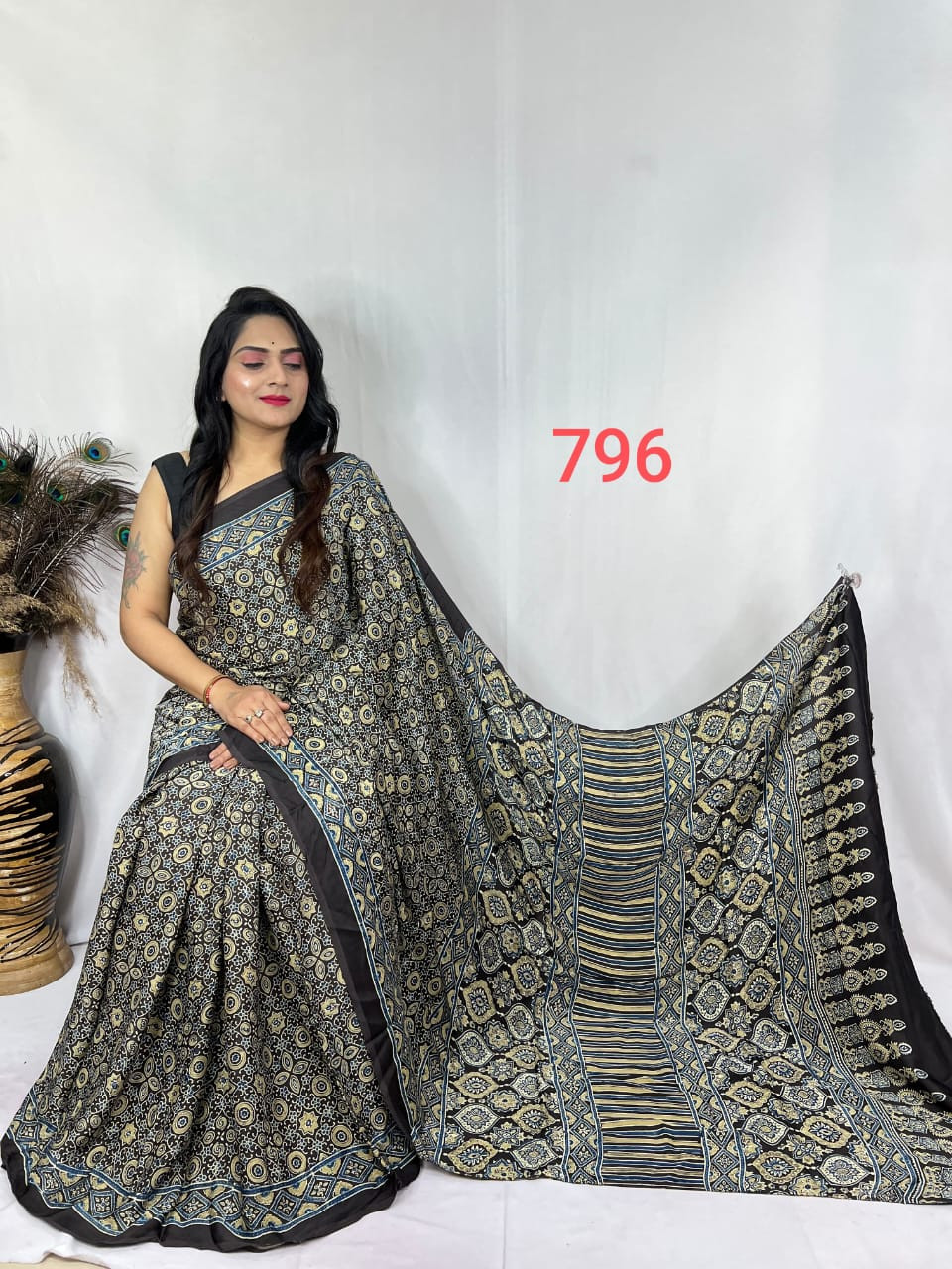 Black and Gold Ajrakh Hand Block Printed Modal Silk Saree