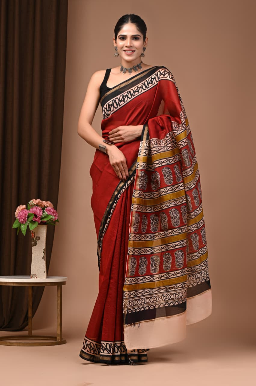 Maroon and Beige Hand Block Printed Traditional Silk Saree with Blouse: Natural Dyes & Colors