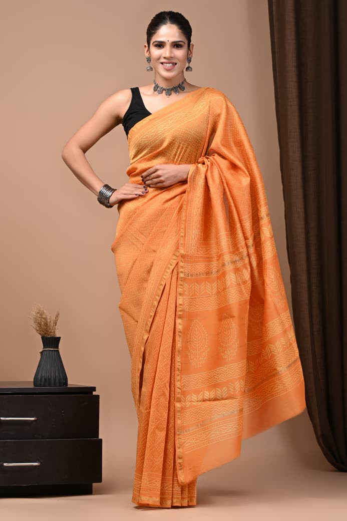 Amber Aura Woven Pure Silk Saree with Black Blouse