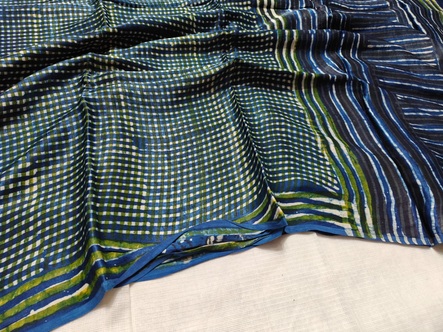Blue & Green Checkered Handblock Printed Modal  Silk Saree with printed blouse