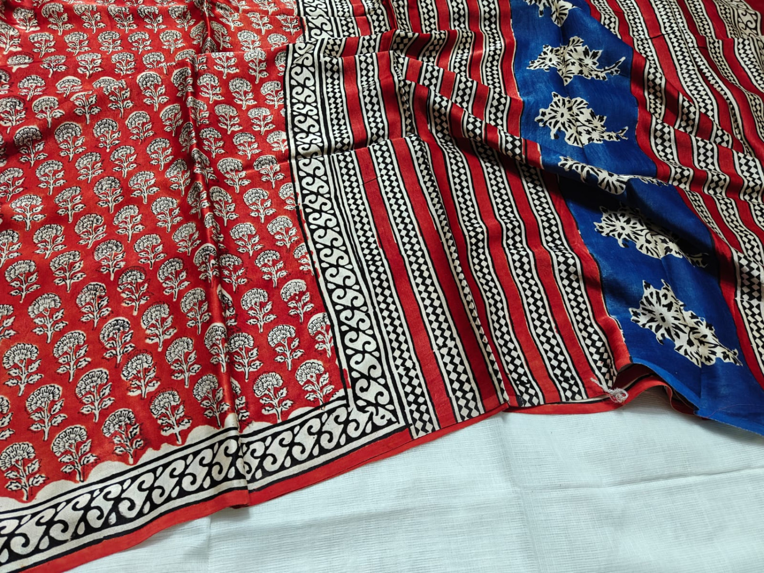 Red–Indigo Ajrakh Hand Block Print Pure Modal Silk Saree