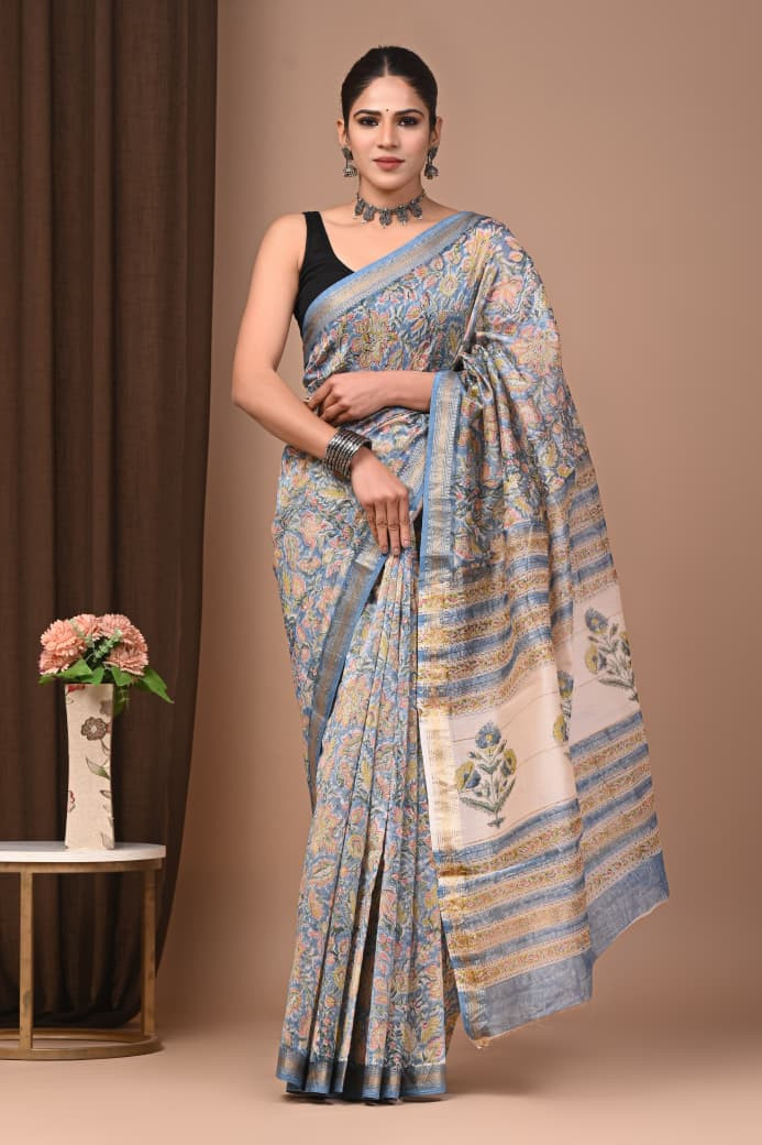 Blue and Cream Maheshwari Silk Saree with a Gold/Yellow Border and Hand Block Print.