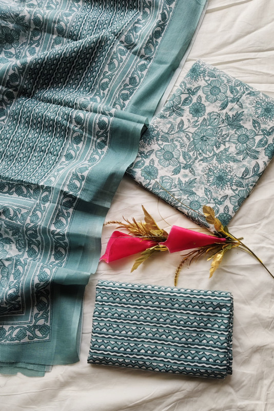 Sea Green Floral & Wave Hand Block Print Cotton unstitched suit  Material for Women 2.5 Mtr top and 2.5 Mtr Bottom  and  2.5 Mtr Dupatta