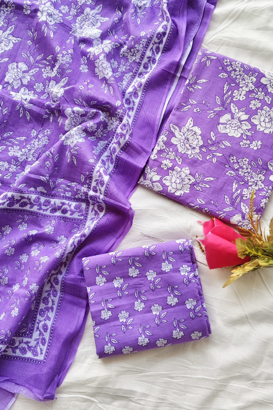 Purple and white hand block print cotton  unstitched suit  Material for Women 2.5 Mtr top and 2.5 Mtr Bottom  and  2.5 Mtr Dupatta