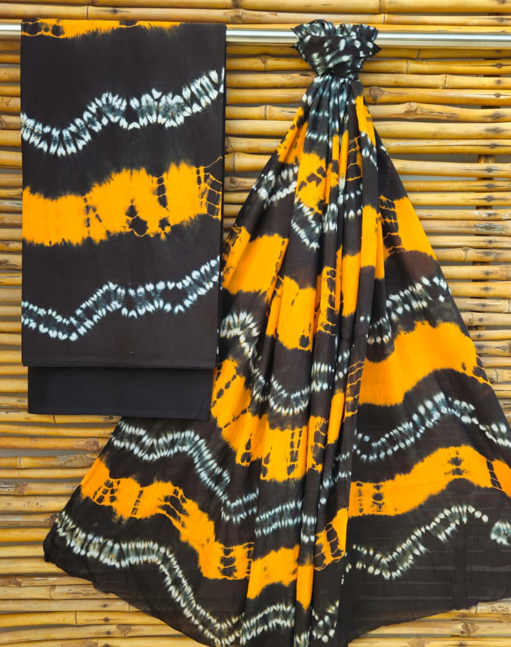 Vibrant Black & Orange Shibori Hand-Block Print Cotton Suit Set