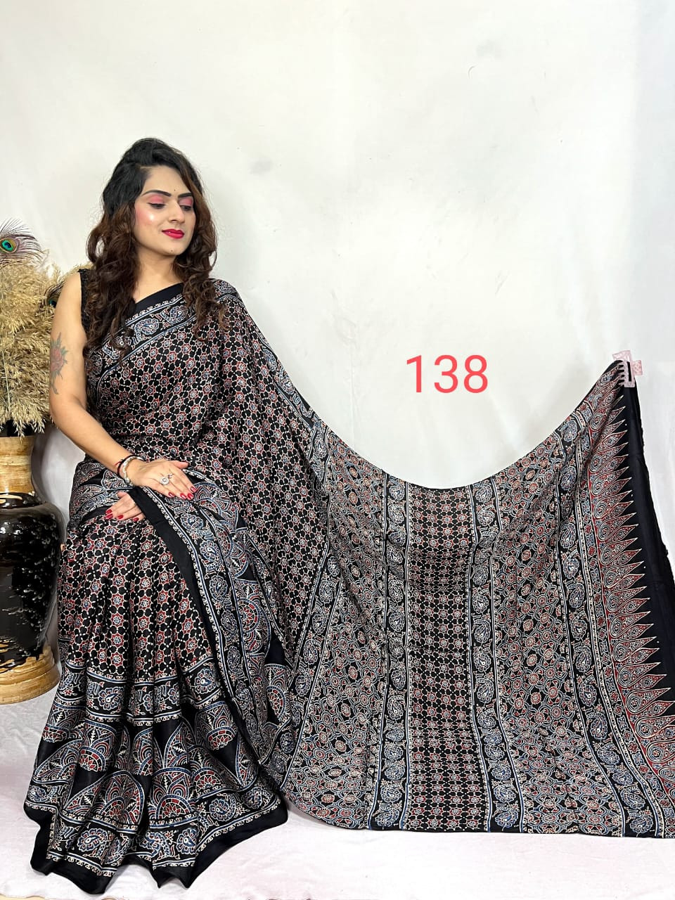 Black and Multicolor Modal Silk Ajrakh Print Saree
