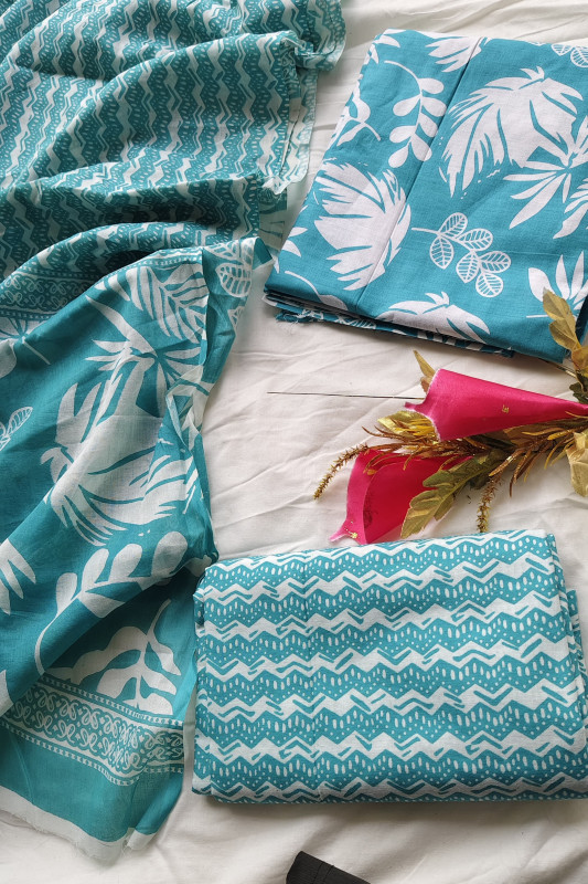 Teal Hand Block Print Cotton unstitched suit  Material for Women 2.5 Mtr top and 2.5 Mtr Bottom  and  2.5 Mtr Dupatta