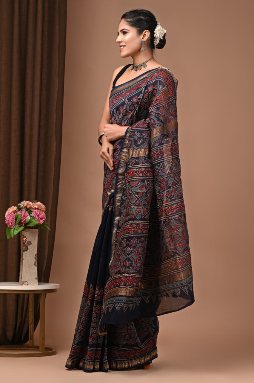 Navy Blue Hand Block Printed Maheshwari Silk Saree