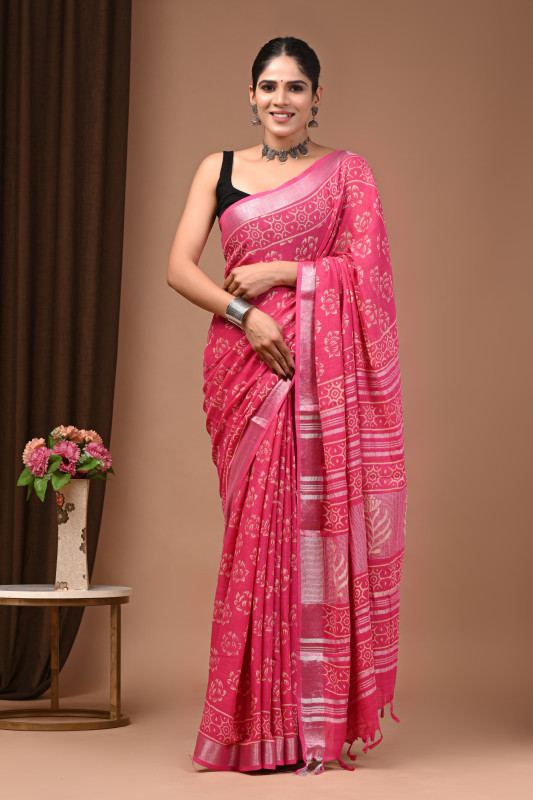 Pink Hand Block Printed Cotton Saree with Silver Zari Border.