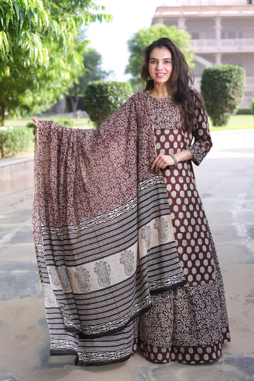 Earthy Brown Hand-Block Printed Anarkali Kurta Set with Dupatta