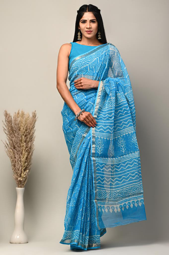 Blue & White Hand Block Print Kota Doria Saree