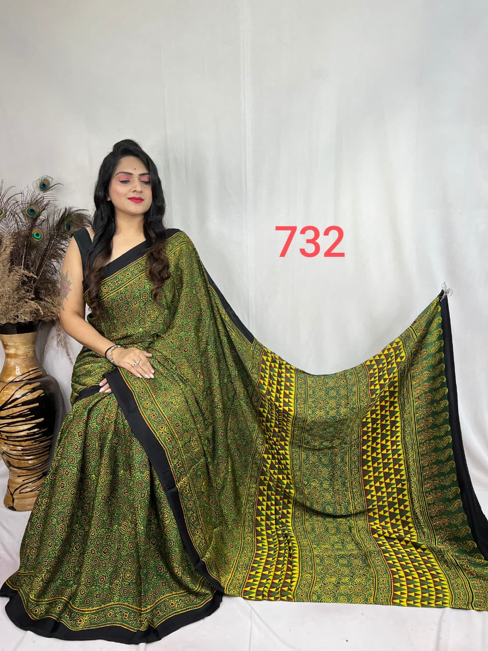 Green and Black Ajrakh Hand Block Printed Modal Silk Saree