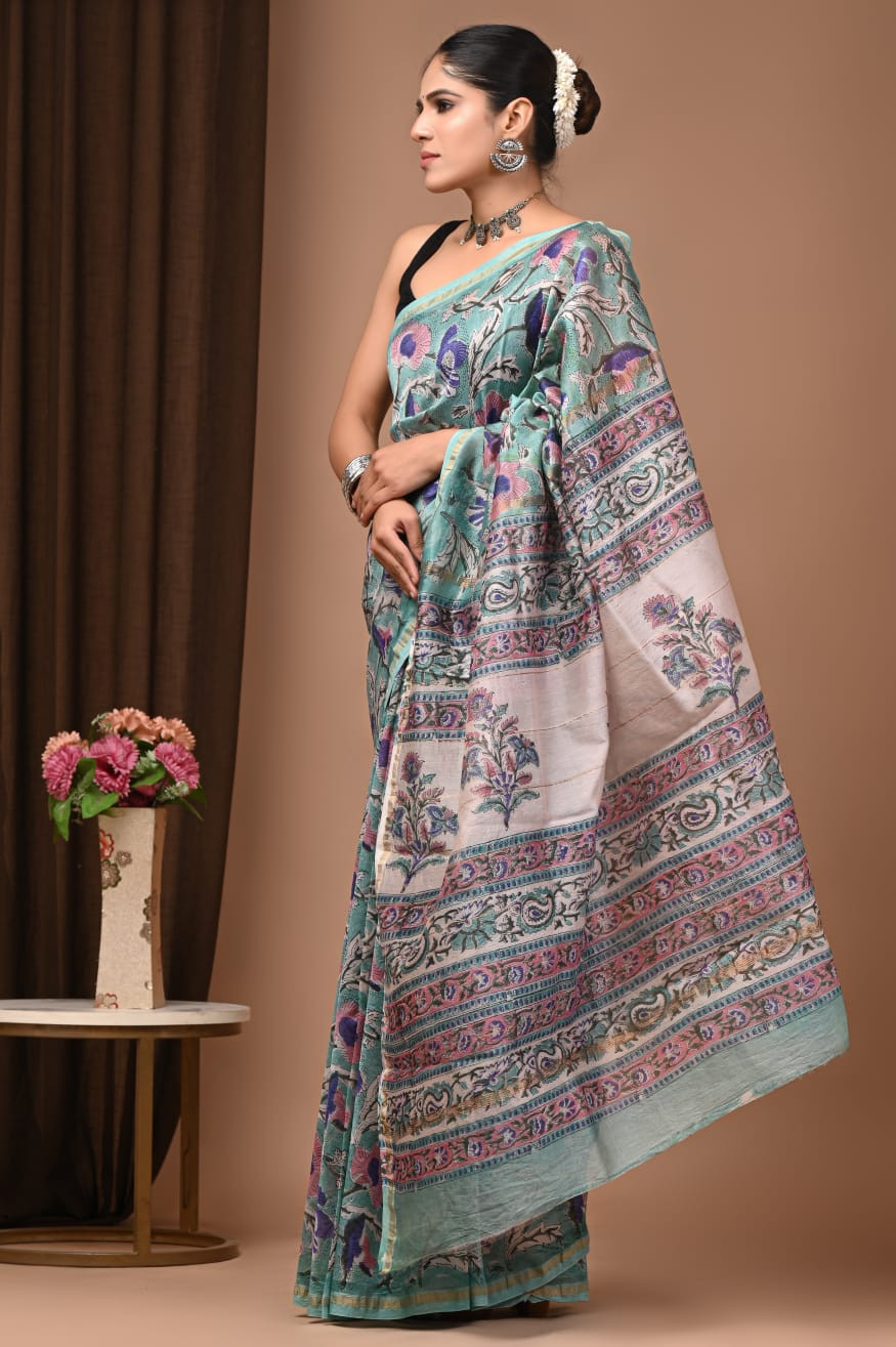 "Azure Bloom" Hand Block Printed Chanderi Silk Saree with Blouse Piece