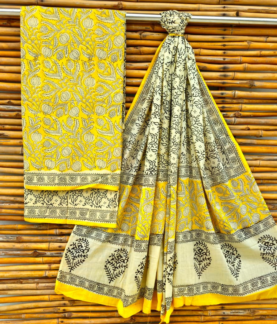Sunny Yellow and Black Hand Block Print Cotton Suit Set