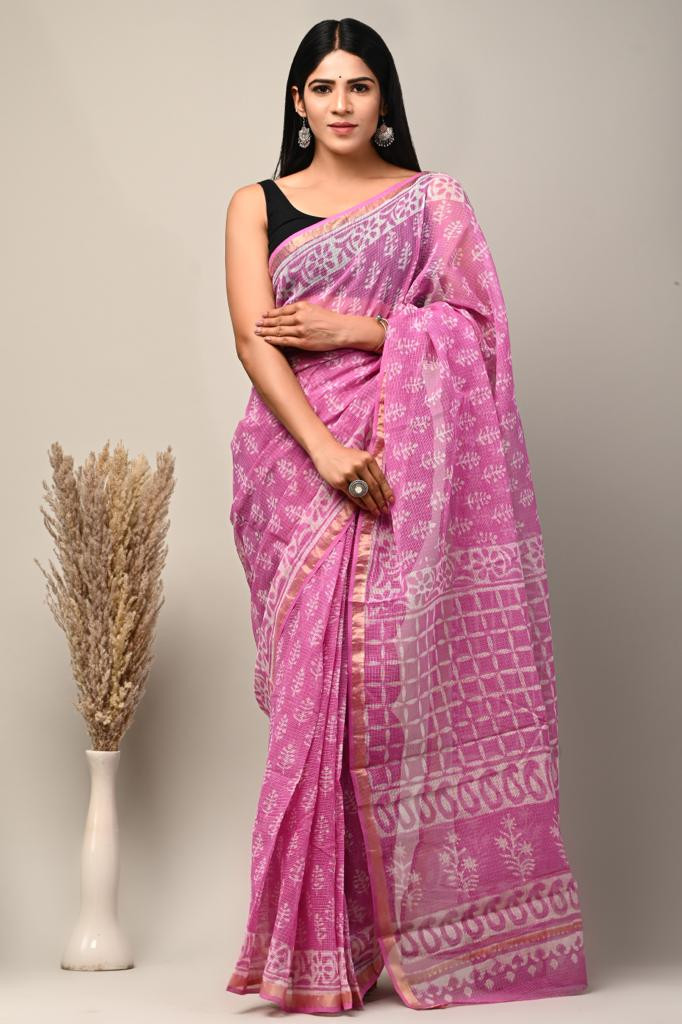 Pink & White Kota Doria Saree Handmade Dabu/Bagru Hand Block Printed