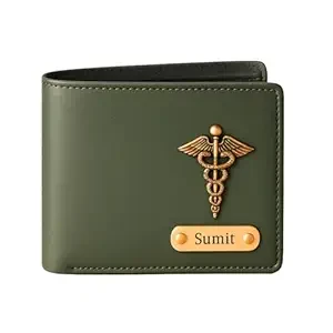 TCG Personalized Name & Charm Imported Leather Mens Wallet | Gifts for Men Husband Boyfriend Employees Clients Colleagues Friend (Olive Green)