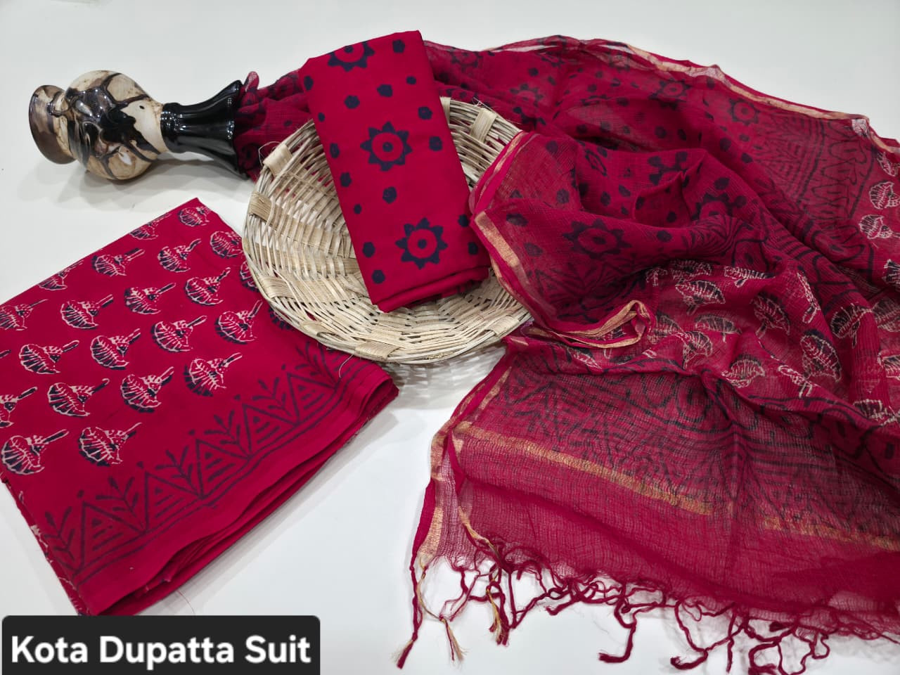 Deep Red and Black Hand Block Print Cotton Suit with Kota Doria Dupatta.