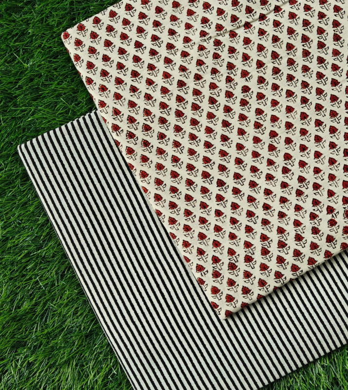 White & Black 'Mini Rose & Stripe' Hand-Block Bagru Print Cotton (60/60) Cambric Suit Set – Top 2.50 MTR + Bottom 2.50 MTR