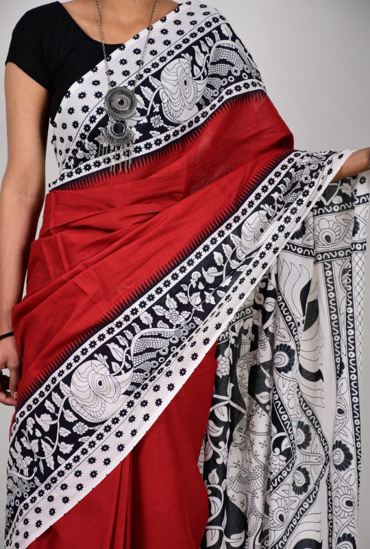 Red and black kalamkari print mulmul cotton saree
