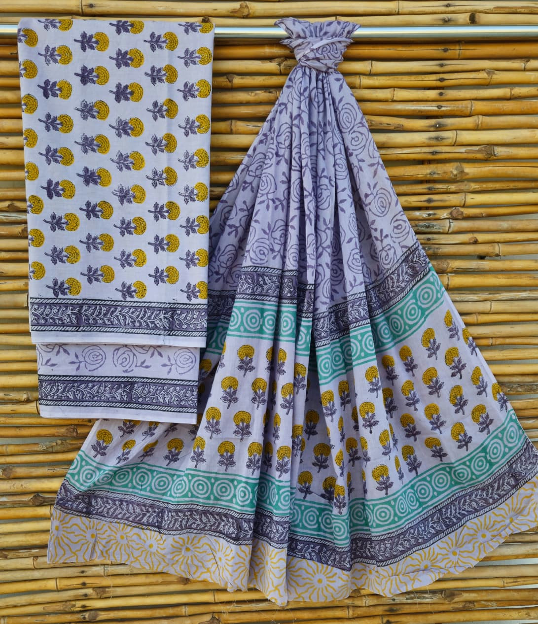 Jaipuri Hand-Block Print Cotton Suit Set in Yellow & Lavender