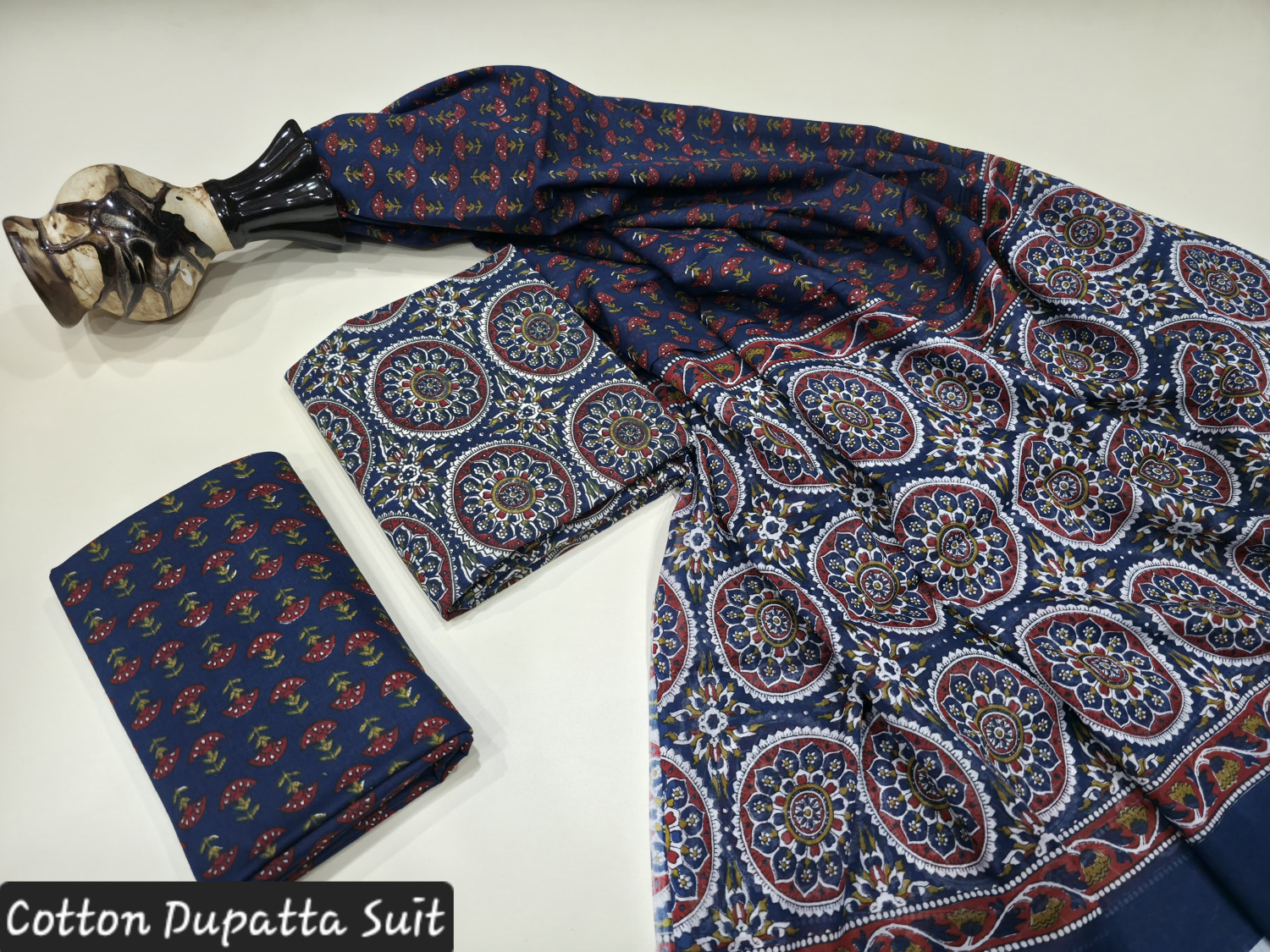 Indigo Blue/Navy Blue and Maroon Ajrakh or Sanganeri Hand Block Print cotton dupatta suit.
