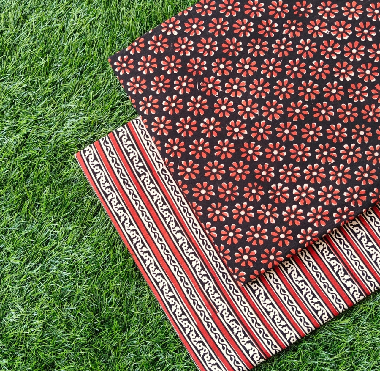 Black Red Floral Handblock Printed Cotton Suit Set with Tribal Stripe Bottom Top 2.50 MTR +Bottom 2.50 MTR