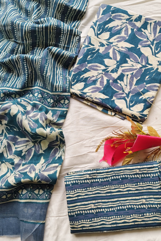 Classic Indigo Blue Hand Printed  unstitched suit Material for Women 2.5 Mtr top and 2.5 Mtr Bottom and 2.5 Mtr Dupatta