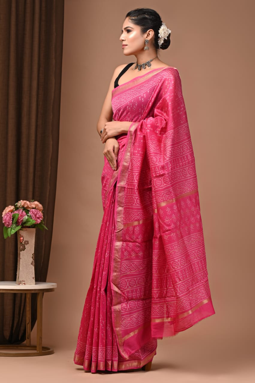 Rani Pink Hand Block Printed Maheshwari Silk Saree