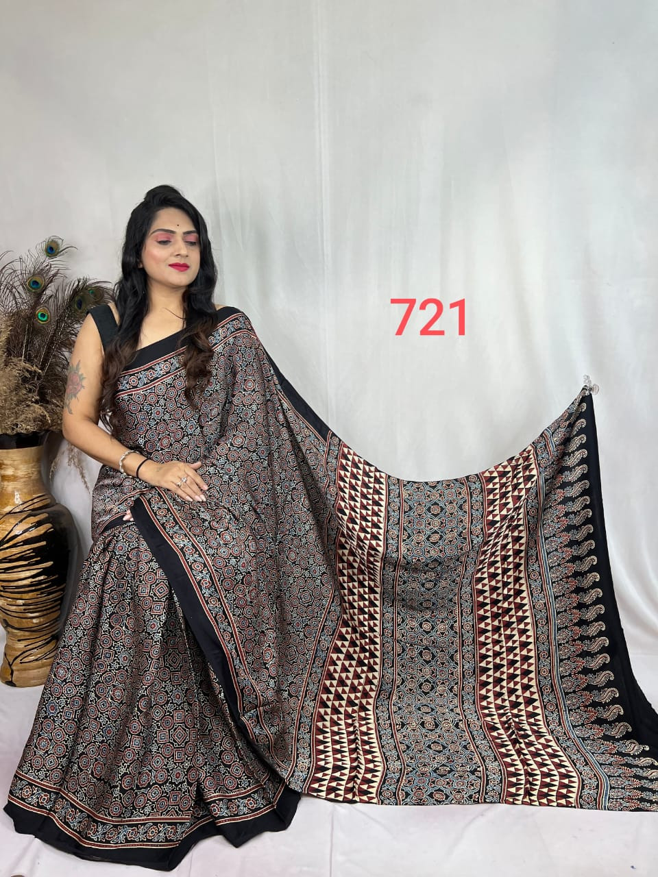 Black and Red Ajrakh Hand Block Printed Modal Silk Saree