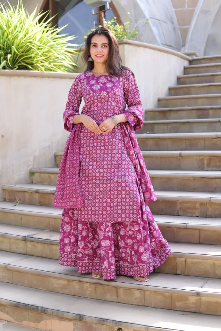 Magenta & Cream Hand Block Print Cotton Long Kurta & Skirt Set with Dupatta