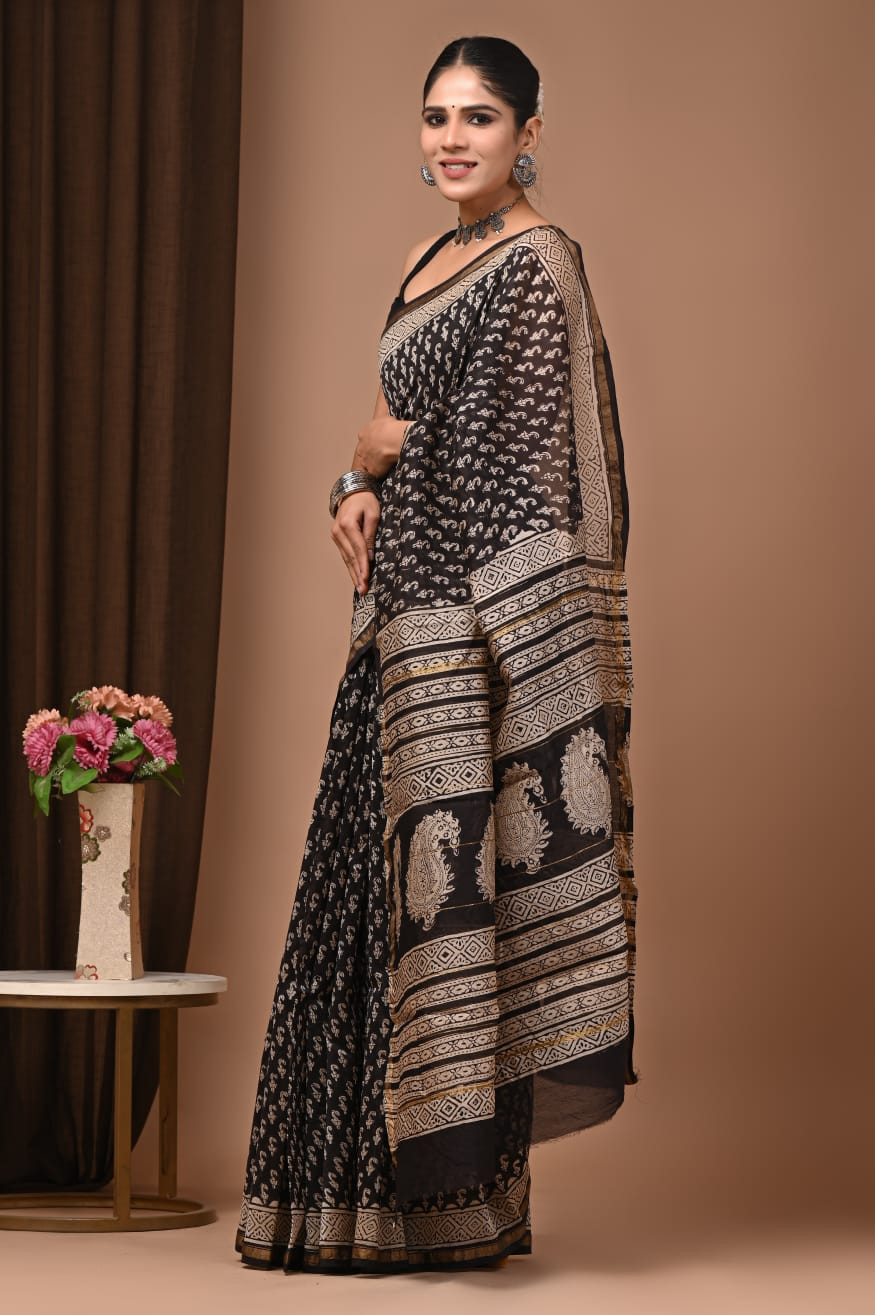 Midnight Paisley: Hand-Block Printed Maheshwari Silk Saree in Black & Beige