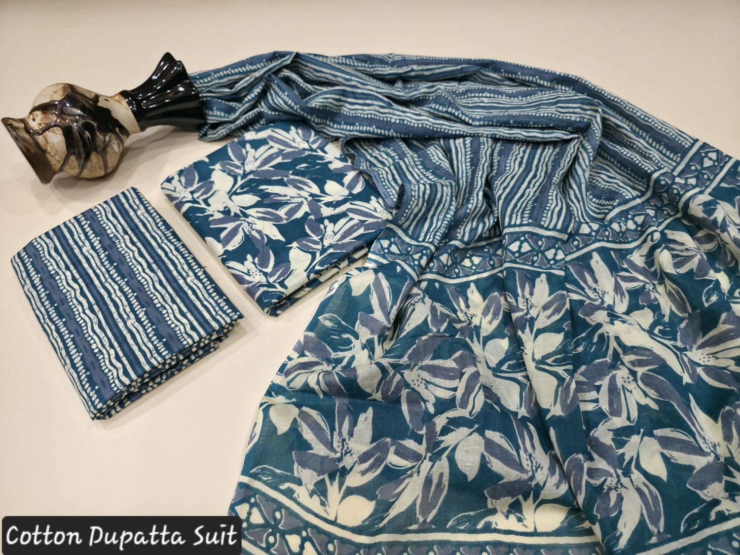 indigo blue and white dabu hand block print cotton dupatta suit.