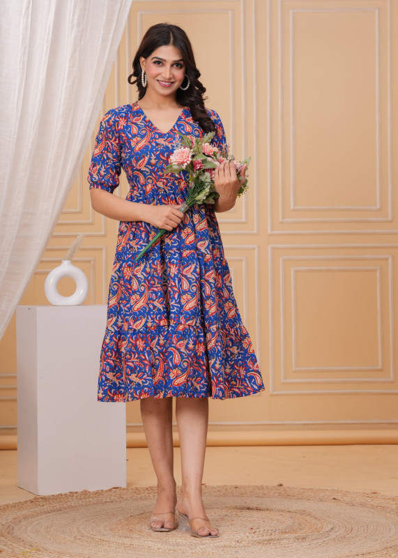 Blue Paisley Print Tiered V-Neck  one piece   Dress