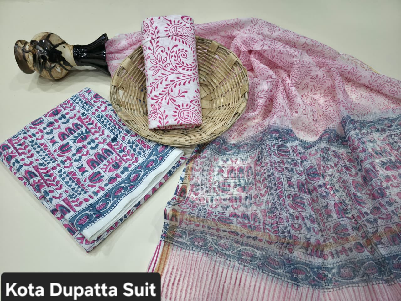 Pink & Blue Hand Block Print Cotton Suit with a sheer Kota Doria Dupatta.