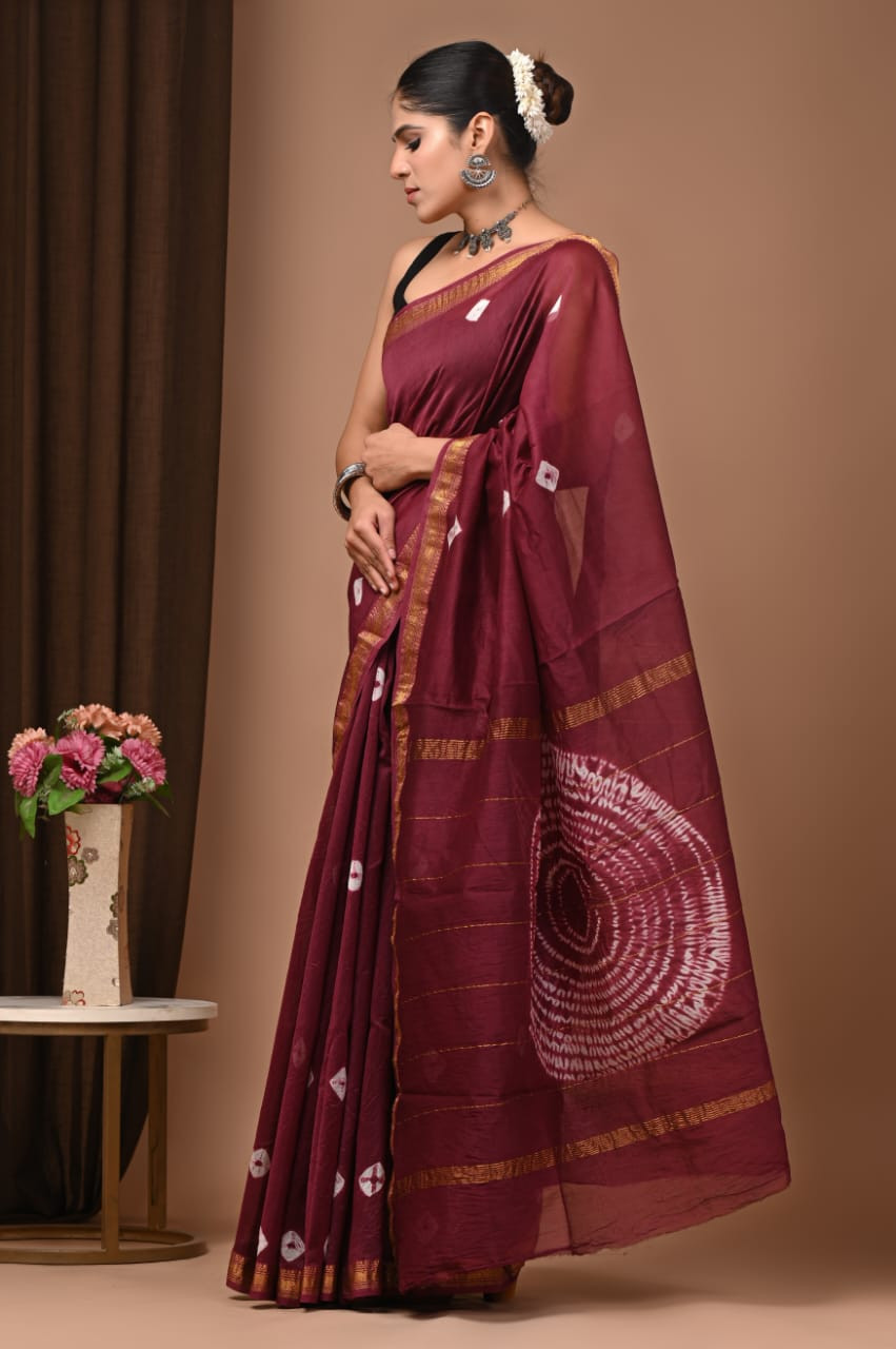 Maroon Hand Block Printed Maheshwari Silk Saree
